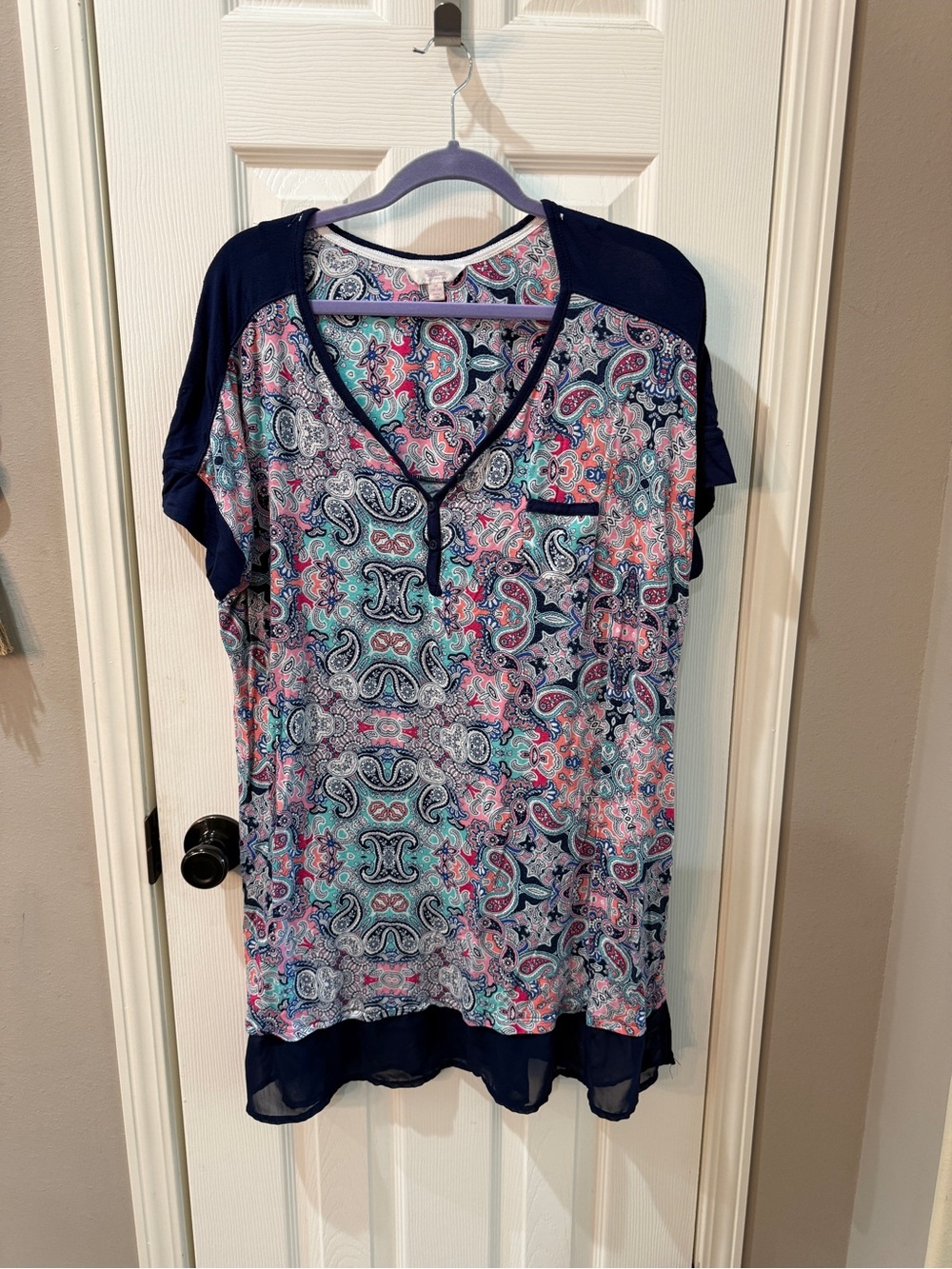 Secret Treasures shorty gown Navy and Pink Paisley Short Sleeve 2X